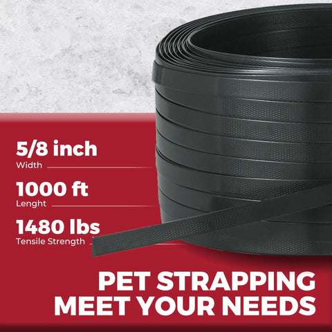 Heavy Duty Black PET Strapping Kit With Tensioner And Cutter, 5/8 Inch X 1000 Feet, showing length and tensile strength.