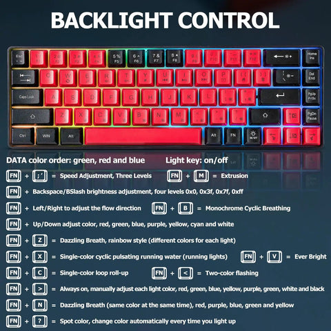 Backlight control information for Solid Compact 68 Key Wired Keyboard With Butter Smooth Tactile Keys Dope Rainbow Rgb Backlights.