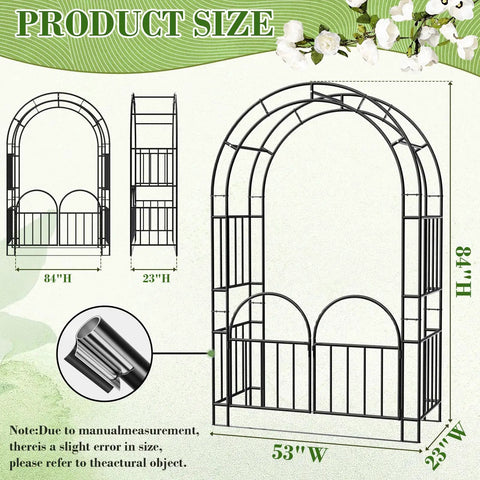 Product diagram showing dimensions of Heavy Duty 7Ft Garden Arch Arbor Made From Thick Steel For Climbing Plants Outdoor Trellis Arbour.