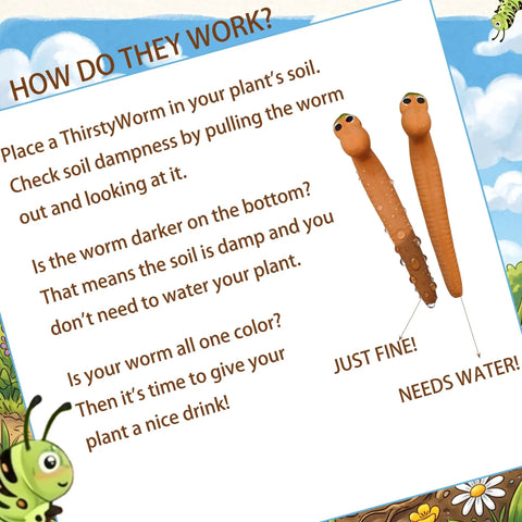 Six Inch Ceramic Worm Shaped Moisture Meter Set Of Six For Plants A Dope Yet Practical Way To Check Soil Humidity In Potting Mix Cute Color Hat Design Durable Plant Water Meters For Home Garden Care on instruction sheet
