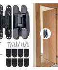 5.5 Inch Hidden Door Hinges For Secret Doors 180 Degree Heavy Duty Invisible Hinges Silent 3D Adjustable Concealed Hinges Black Set Of 2 Per Hinge Capacity 133lb 60kg Completely Hidden Design For Sleek Modern Walls shown installed on wooden door frame with screws and accessories.