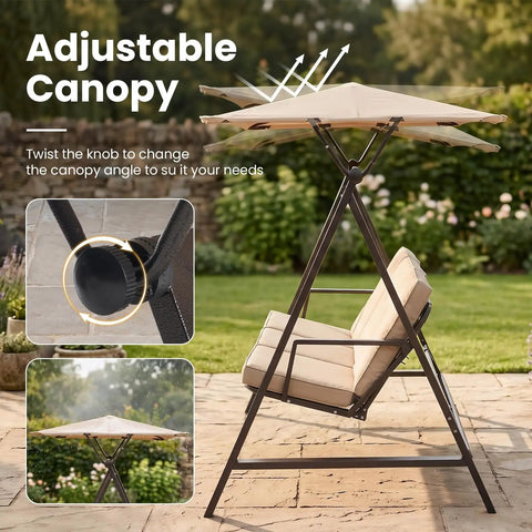 Adjustable canopy on Three Seater Outdoor Swing With Canopy And Stand Heavy Duty 600 Lb Capacity All Weather Convertible Swing Bed