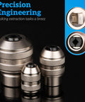 Three Piece Tap Socket Set For Ratchet Wrenches In Sizes One Quarter Inch Three Eighths Inch And One Half Inch Drive For Taps Reamers