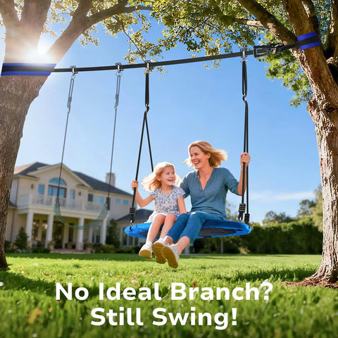 Mother and child on Backyard Slackline Swing Set With 40 Inch Saucer Swing Between Trees No Perfect Tree No Problem Easy Setup