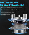 Front wheel hub and bearing assembly with corrosion protection, engineered for low friction and extended service life.