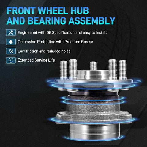 Front wheel hub and bearing assembly with corrosion protection, engineered for low friction and extended service life.