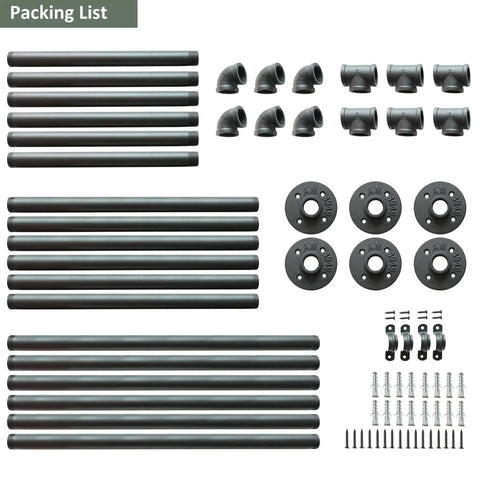 Packing list of 37 Inch Black Ceiling Mount Shelf Bracket Set With 3 Pairs U Shape Pipe Brackets For Kitchen Storage No Planks Included