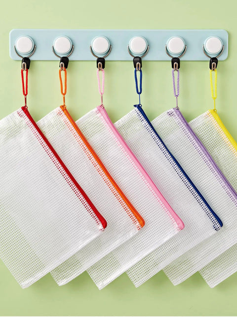 20 Pack Zipper Mesh Document Pouches Set, 6 By 9 Inch A5, Water Resistant Plastic File Bags in 10 Colors hanging on hooks