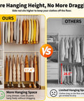 Comparison of hanging space heights in a modular closet system with nine drawers and eight shelves for walk in rooms.