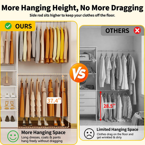 Comparison of hanging space heights in a modular closet system with nine drawers and eight shelves for walk in rooms.