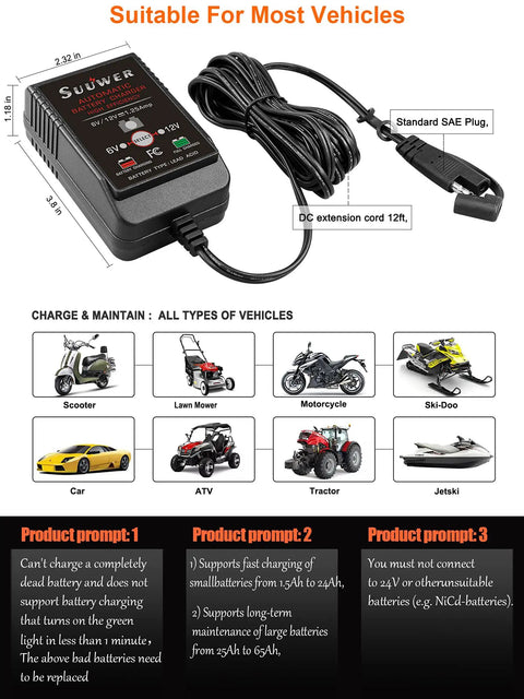 Automatic Trickle Battery Charger For 6V And 12V Batteries Hella Reliable 1250Ma Smart Maintainer with 12ft cable and SAE plug
