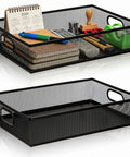 Two Pack Metal Mesh Desk Drawer Organizer Tray Set With Handles, displaying office supplies, heavy-duty steel desktop storage, 12.8x9x3 in.
