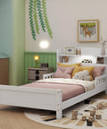 Pine Wood Bed With Bookcase Headboard And LED Motion Sensor Light White Finish Built In Guardrails Kid Friendly Sturdy Bedroom Frame