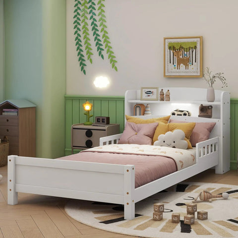 Pine Wood Bed With Bookcase Headboard And LED Motion Sensor Light White Finish Built In Guardrails Kid Friendly Sturdy Bedroom Frame