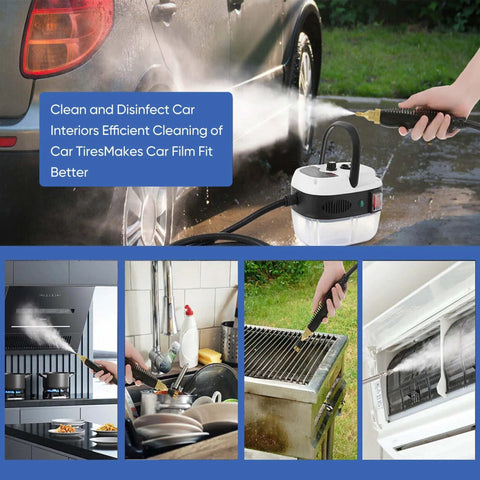 Piudoiliy 2500W Handheld Steam Cleaner Hits 105°C High Pressure In Just 10 Seconds used for cleaning car interiors and tires.