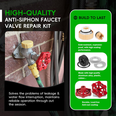 Image showing 2-Pack Universal Outdoor Faucet Repair Kit With Vacuum Breaker Included alongside anti-siphon valve parts.