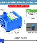 Low Power Submersible Cat Fountain Pump Replacement With Led Light 5V 1.5W DR-DC160 with label and LED details
