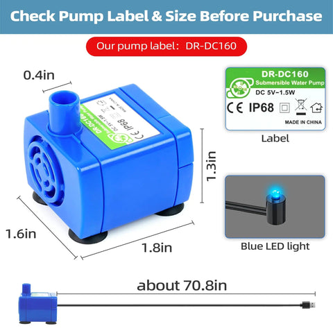Low Power Submersible Cat Fountain Pump Replacement With Led Light 5V 1.5W DR-DC160 with label and LED details