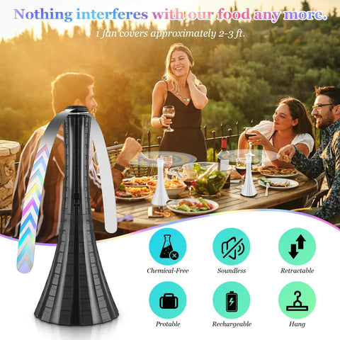 Rechargeable Table Fly Fans keep flies away with soft blades, perfect for camping, picnics, fishing, outdoor parties