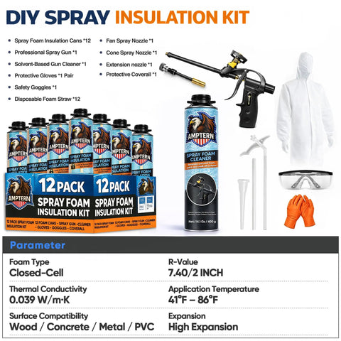 Heavy Duty Closed Cell Spray Foam Insulation Kit, 12 Pack Covers 240 Board Feet, Pro Level Thermal And Soundproofing Sealant With Ready To Roll Diy Spray Rig And Full Safety Gear with tools and protective gear.
