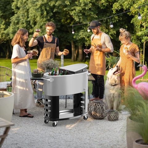 70-Quart Rolling Patio Cooler With Wheels Insulated Ice Chest for outdoor gatherings on deck with bottom tray and opener gray
