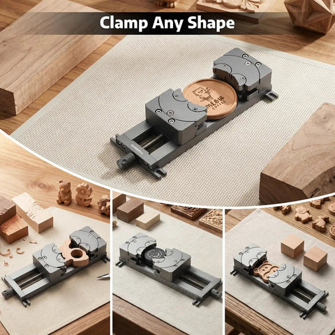 Fractal Vise With 100 Degree Adjustable Jaw For Irregular Shapes And Tall Pieces 120mm Clamping Range Dual Fixation Design Keeps Your Clamping Game Tight On CNC Router Machines, aluminum CNC vise clamping a round wooden workpiece