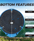 Bottom features of 1/4 HP Submersible Water Pump, showing thermoplastic impeller and removable intake screen for debris filtering.