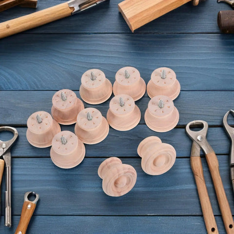 Round Wooden Drawer Knobs Set, 10 Pack, Single Hole Circular Wood Handles on blue background with tools, Natural Solid Wood