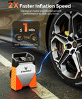 Zephyr S3 Cordless Tire Inflator Portable Air Compressor with 160 PSI Max inflating a car tire, vivid orange design
