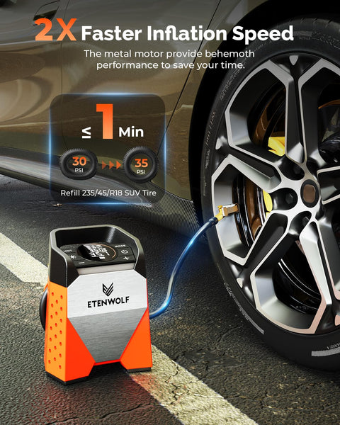 Zephyr S3 Cordless Tire Inflator Portable Air Compressor with 160 PSI Max inflating a car tire, vivid orange design