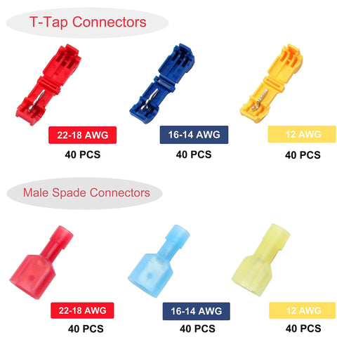 Premium 240 Piece T Tap Wire Connectors Kit with Self Stripping Quick Splice Terminals AWG 22 To 10 shown in assorted colors