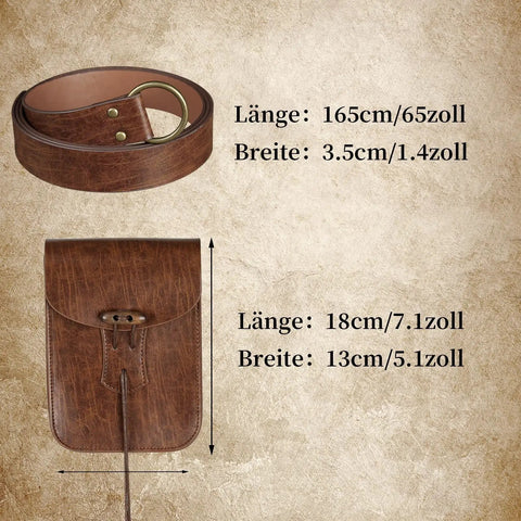 Top Tier Renaissance Belt Pouch And Retro Waist Bag Duo For Medieval Pirate Cosplay and Larp Essentials, showing dimensions of belt and pouch.