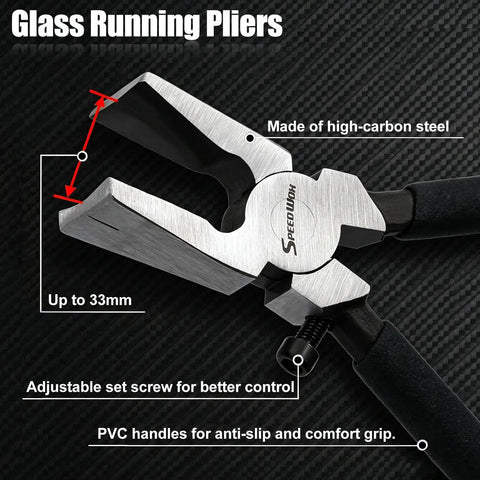 Heavy Duty Eight Inch Auto Glass Running Pliers Featuring Curved Jaws Adjustable Screw And Protective Rubber Tips So You Can Glide Windows In And Tweak Trims Dead Easy With Zero Scratch Drama, showing high-carbon steel and PVC handles.