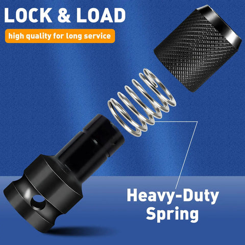 Close-up of Two Piece Three Eighths To One Quarter Inch Impact Wrench Adapter Set With Quick Release Bit Holder in disassembled view.
