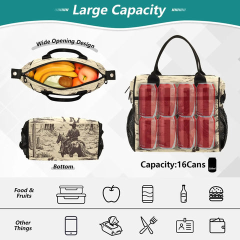 Desert Cowboy Insulated Lunch Bag Cooler Tote with wide opening, holds 16 cans, cowboy design, removable strap, for office and camping.