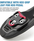 Bike Cleats For Look KEO Compatible 9 Degree Float System installed on cycling shoe, showing red grip pads and 3-bolt pattern.
