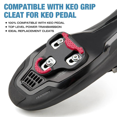 Bike Cleats For Look KEO Compatible 9 Degree Float System installed on cycling shoe, showing red grip pads and 3-bolt pattern.