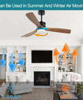 52 Inch Ceiling Fan With Lights Remote Control Cool Deep Walnut Wood Finish Reversible Silent DC Motor Energy Efficient 6 Speeds Low Noise Ideal For Living Room Or Bedroom Year Round Comfort And Airflow in living room setting with air circulation directions shown for summer and winter.