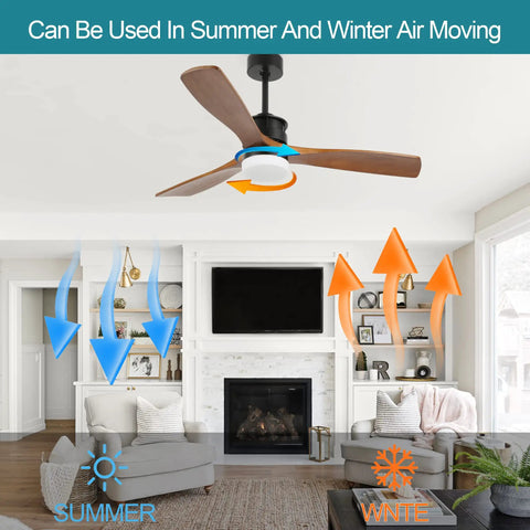 52 Inch Ceiling Fan With Lights Remote Control Cool Deep Walnut Wood Finish Reversible Silent DC Motor Energy Efficient 6 Speeds Low Noise Ideal For Living Room Or Bedroom Year Round Comfort And Airflow in living room setting with air circulation directions shown for summer and winter.