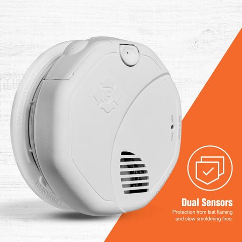 Rock Solid Hardwire Smoke Alarm Featuring Dual Sensor Tech, white unit with dual sensors for fast flame and smoldering fire protection.