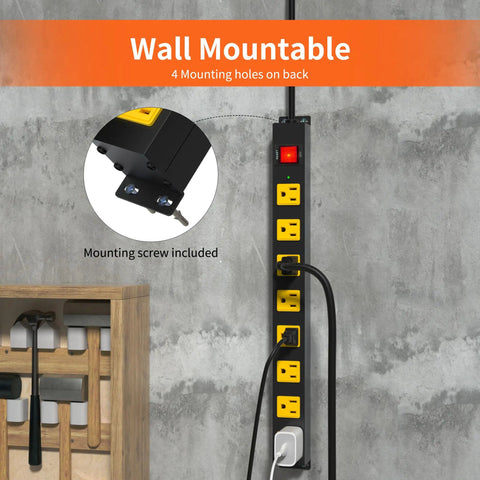 Built Tough Heavy Duty 8 Outlet Power Strip With 2100J Surge Protector, 6 Ft Cord, Wide Spaced Outlets, Wall Mountable Metal Power Strip For Home Office, Garage, And Workshop With Auto Shutdown Fuse wall mounted with mounting screw