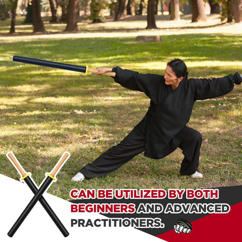 Person practicing with 2 Pack 33.5 Inch Foam Swords For Adults, Padded Sparring Training Swords With Foam Blades And Wood Handles, Black