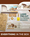 Wooden Motorcycle Kit VM02 3D Puzzle Mechanical Bike Model With Rubber Band Engine DIY Plywood Build For Vehicle Enthusiasts Bikers And Gearheads Realistic Belt Drive Motion, box contents