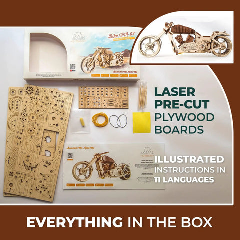 Wooden Motorcycle Kit VM02 3D Puzzle Mechanical Bike Model With Rubber Band Engine DIY Plywood Build For Vehicle Enthusiasts Bikers And Gearheads Realistic Belt Drive Motion, box contents