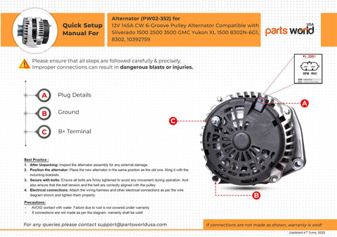 Diagram showing back view of 145 Amp 12V Heavy Duty Alternator for Chevy Silverado 1500 2005 2006, GMC Sierra 1500, labeled parts.