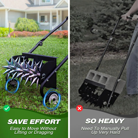 18-Inch Push Spike Lawn Aerator With Pro Grade Heavy Duty Rolling Design displayed on lawn versus manual tool