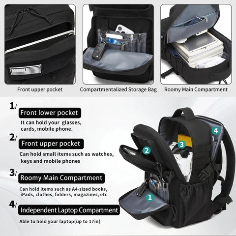 Interior view of Rugged Waterproof Tactical Daypack for Men with MOLLE webbing, showing organized pockets and compartments for storage.