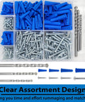 All In One 190 Piece Heavy Duty Wall Anchors And Screws Kit for drywall and concrete with blue conical anchors and drill bits