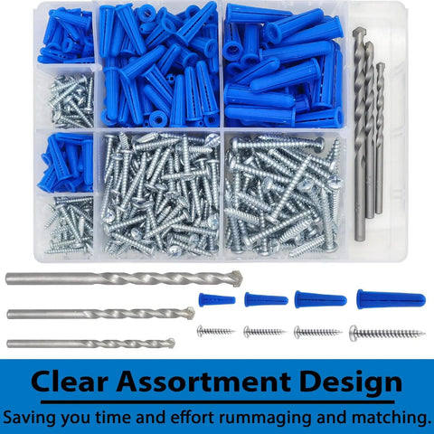 All In One 190 Piece Heavy Duty Wall Anchors And Screws Kit for drywall and concrete with blue conical anchors and drill bits