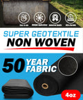 Tough 4 Oz Non Woven Geotextile Fabric For Landscaping, French Drains, Underlayment, Erosion Control, And Construction Projects, Medium Duty, Easy To Install And Cut, 6x50 Foot Roll shown with features and durability icons in black roll form